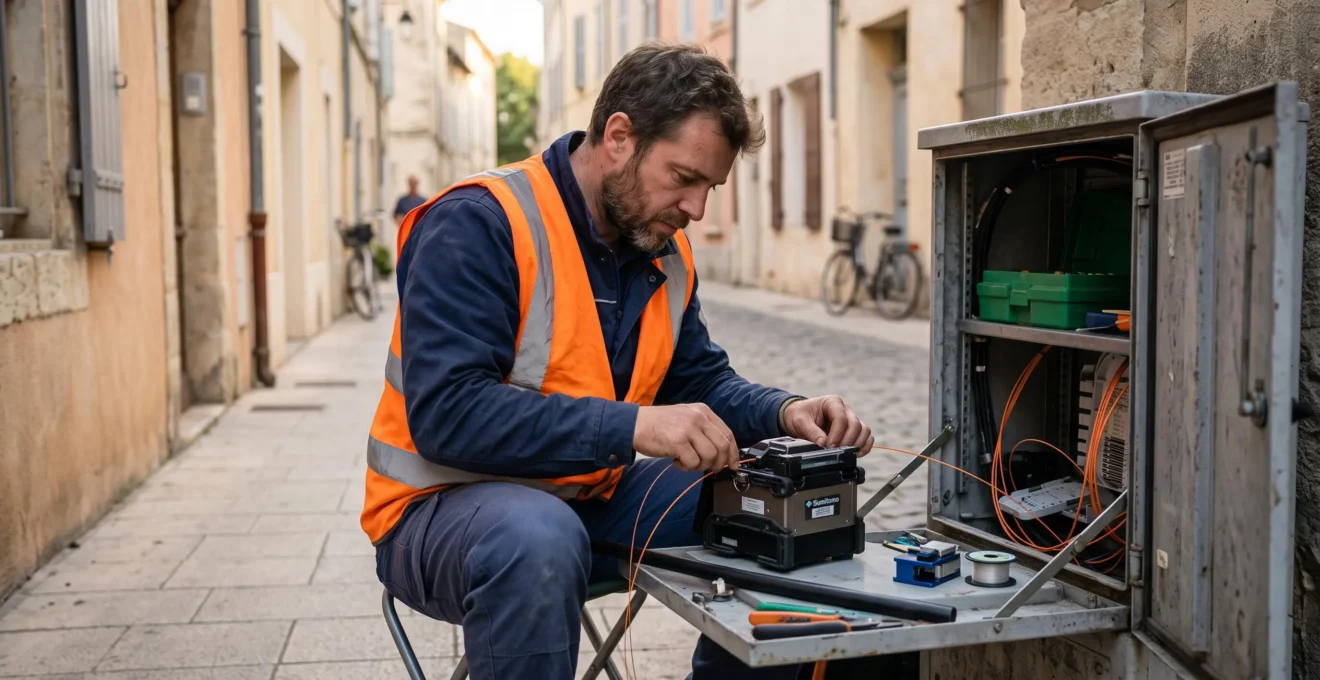 Un technicien télécom réalise une soudure de fibre optique dans une armoire de rue d'une ville du sud de la France.