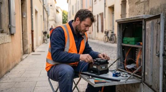 Un technicien télécom réalise une soudure de fibre optique dans une armoire de rue d'une ville du sud de la France.